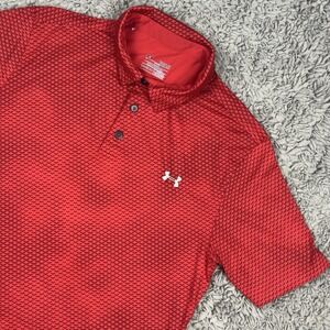 Under Armour Polo Shirt Mens XL Red Pattern HeatGear Golf Loose Fit Performance